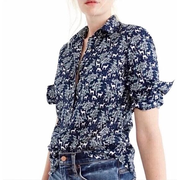 J. Crew Tops - J. Crew Women's Allover Novelty Deer Trees Popover Button Up Blouse Size 2P
